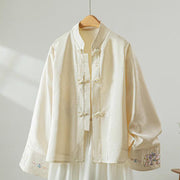 Buddha Stones Fall Flower Embroidery Frog-Button Design Long Sleeve Women's Jacket - Linen - US8-10，UK/AU12-14，EU40-42 (2XL) - image 0