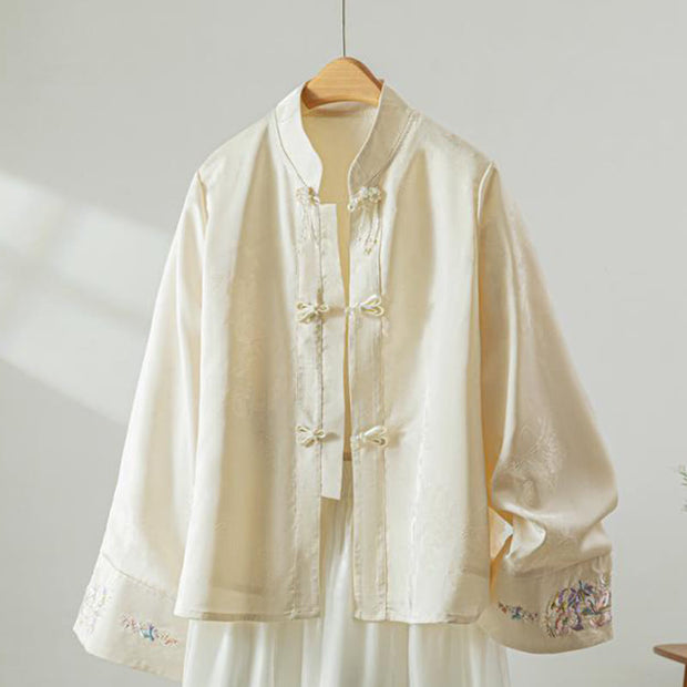 Buddha Stones Fall Flower Embroidery Frog-Button Design Long Sleeve Women's Jacket - Linen - US8-10，UK/AU12-14，EU40-42 (2XL) - image 0