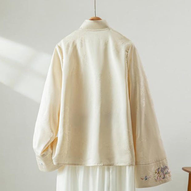 Buddha Stones Fall Flower Embroidery Frog-Button Design Long Sleeve Women's Jacket - image 1