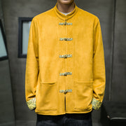 Buddha Stones Fall Waves Frog-Button Long Sleeve Men's Suede Cotton Jacket With Pockets - Gold - US/UK/AU42，EU52 (3XL) - image 0