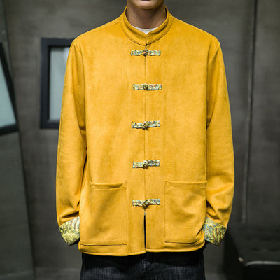 Buddha Stones Fall Waves Frog-Button Long Sleeve Men's Suede Cotton Jacket With Pockets - Gold - US/UK/AU42，EU52 (3XL) - image 0