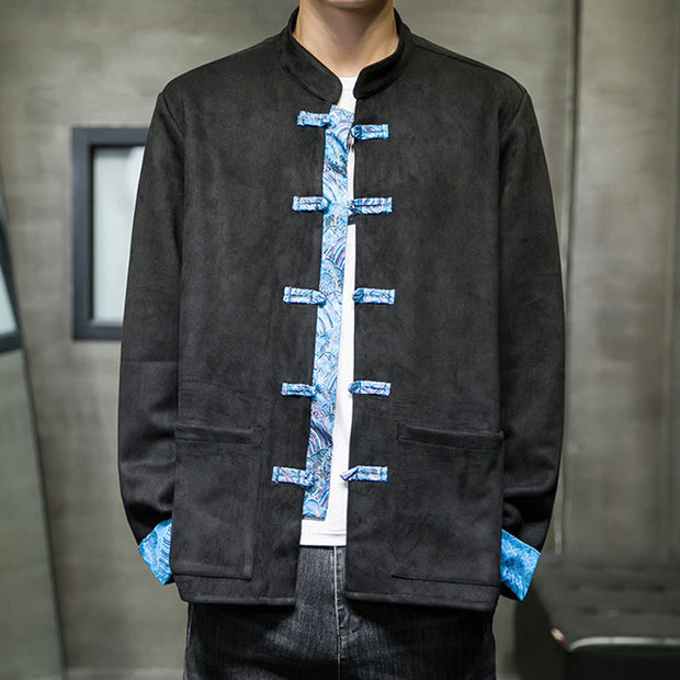 Buddha Stones Fall Waves Frog-Button Long Sleeve Men's Suede Cotton Jacket With Pockets - image 21