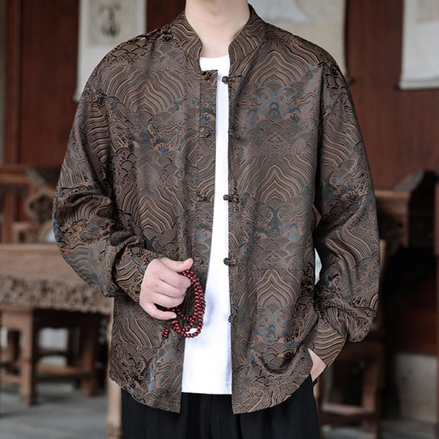 Buddha Stones Fall Flower Leaves Jacquard Frog-Button Long Sleeve Men's Jacket With Pockets - Tan - US/UK/AU46，EU56 (5XL) - image 0