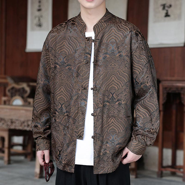 Buddha Stones Fall Flower Leaves Jacquard Frog-Button Long Sleeve Men's Jacket With Pockets - image 8