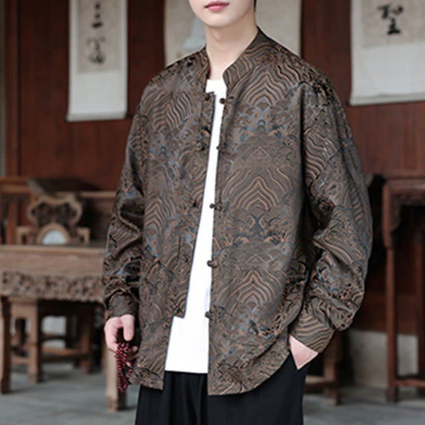 Buddha Stones Fall Flower Leaves Jacquard Frog-Button Long Sleeve Men's Jacket With Pockets - image 7