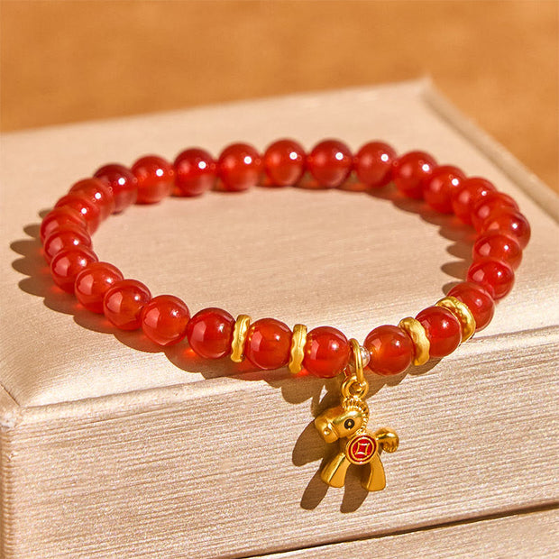 Buddha Stones Year Of The Horse Copper Coins Natural Red Agate Calm Confidence Bracelet - image 1