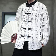 Buddha Stones Spring Fall Calligraphy Frog-Button Long Sleeve Men's Jacket - White - US/UK/AU46，EU56 (5XL) - image 0