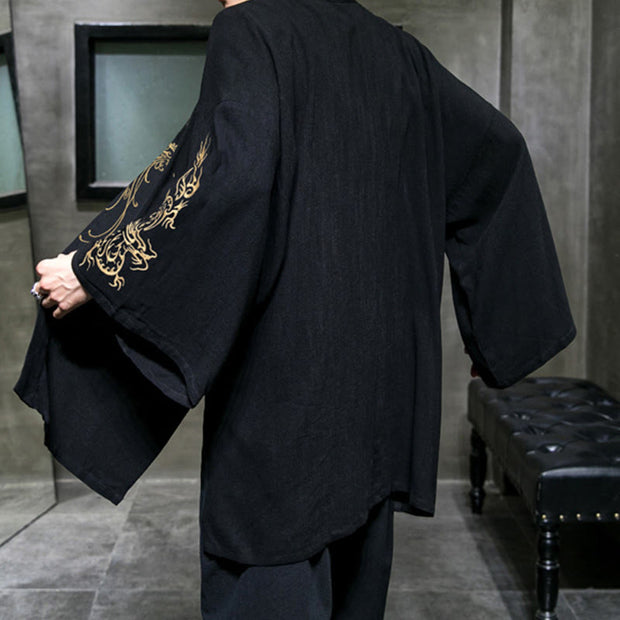Buddha Stones Dragon Phoenix Open Front Long Sleeve Jacket Men's Cotton Kimono - image 4
