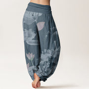 Buddha Stones Pink And White Lotus Women's Elastic Waist Harem Pants - image 6