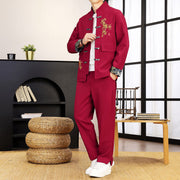 Buddha Stones 2Pcs Tang Suit Bamboo Frog-Button Men's Long Sleeve Shirt Pants Clothing Set - Crimson - US/UK/AU44，EU54 (4XL) - image 19
