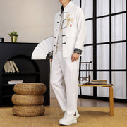 Buddha Stones 2Pcs Tang Suit Bamboo Frog-Button Men's Long Sleeve Shirt Pants Clothing Set - White - US/UK/AU44，EU54 (4XL) - image 10