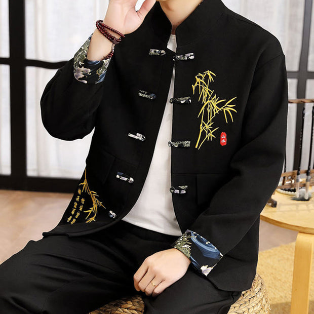 Buddha Stones 2Pcs Tang Suit Bamboo Frog-Button Men's Long Sleeve Shirt Pants Clothing Set - image 3