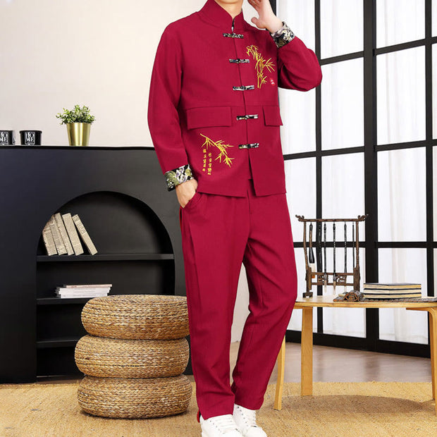 Buddha Stones 2Pcs Tang Suit Bamboo Frog-Button Men's Long Sleeve Shirt Pants Clothing Set - image 23