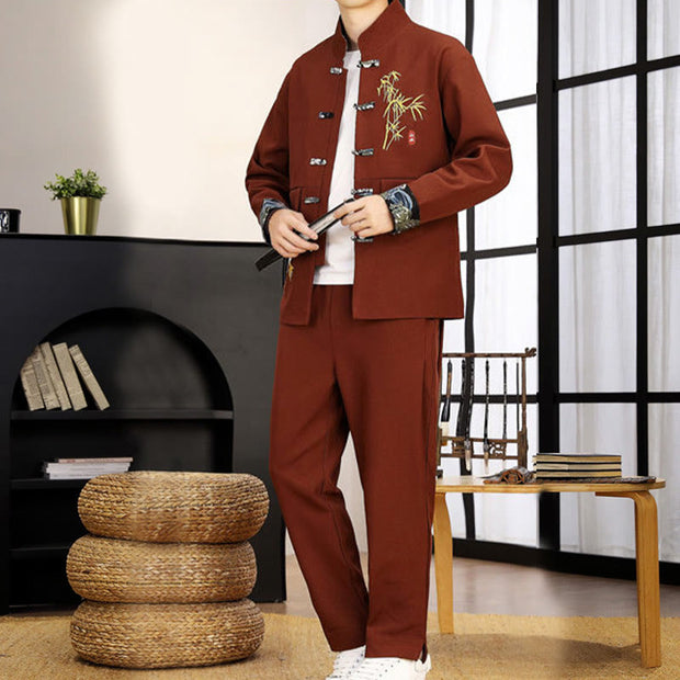 Buddha Stones 2Pcs Tang Suit Bamboo Frog-Button Men's Long Sleeve Shirt Pants Clothing Set - image 26