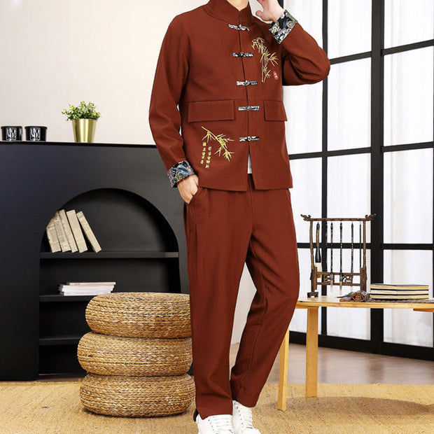 Buddha Stones 2Pcs Tang Suit Bamboo Frog-Button Men's Long Sleeve Shirt Pants Clothing Set - image 27