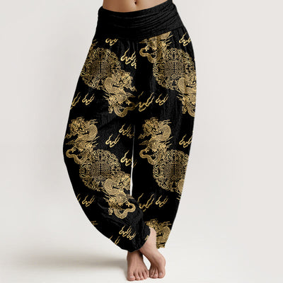 Buddha Stones Pure Cotton Double Dragon Cloud Pattern Women's Elastic Waist Harem Pants - Black - US16，UK/AU20，EU48 (3XL) - image 0