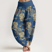Buddha Stones Pure Cotton Double Dragon Cloud Pattern Women's Elastic Waist Harem Pants - SteelBlue - US16，UK/AU20，EU48 (3XL) - image 5