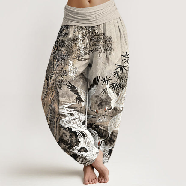 Buddha Stones Pure Cotton Mountains River Cranes Clouds Pattern Women's Elastic Waist Harem Pants - Tan - US16，UK/AU20，EU48 (3XL) - image 0