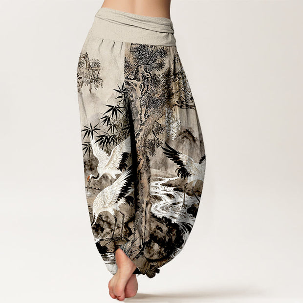 Buddha Stones Pure Cotton Mountains River Cranes Clouds Pattern Women's Elastic Waist Harem Pants - image 1