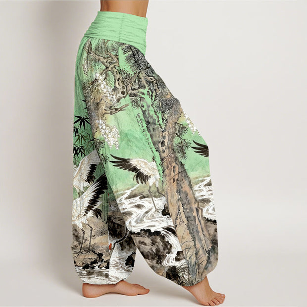 Buddha Stones Pure Cotton Mountains River Cranes Clouds Pattern Women's Elastic Waist Harem Pants - image 7
