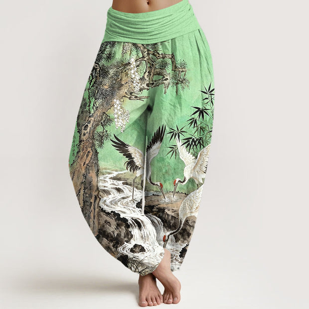 Buddha Stones Pure Cotton Mountains River Cranes Clouds Pattern Women's Elastic Waist Harem Pants - LimeGreen - US16，UK/AU20，EU48 (3XL) - image 5