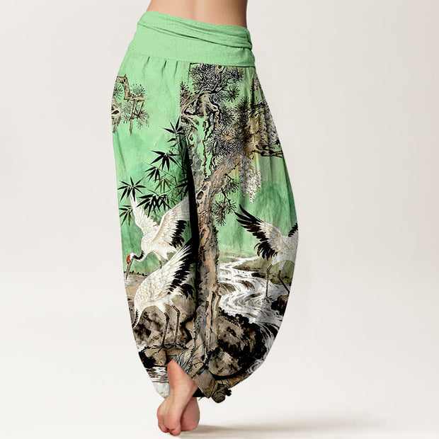 Buddha Stones Pure Cotton Mountains River Cranes Clouds Pattern Women's Elastic Waist Harem Pants - image 6