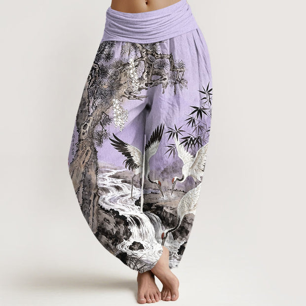 Buddha Stones Pure Cotton Mountains River Cranes Clouds Pattern Women's Elastic Waist Harem Pants - MediumPurple - US16，UK/AU20，EU48 (3XL) - image 8