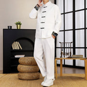 Buddha Stones 2Pcs Tang Suit Frog-Button Men's Waves Long Sleeve Shirt Pants Clothing Set - White - US/UK/AU44，EU54 (4XL) - image 4