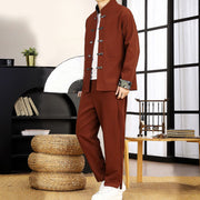 Buddha Stones 2Pcs Tang Suit Frog-Button Men's Waves Long Sleeve Shirt Pants Clothing Set - image 1