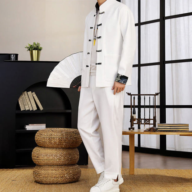 Buddha Stones 2Pcs Tang Suit Frog-Button Men's Waves Long Sleeve Shirt Pants Clothing Set - image 6