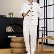 Buddha Stones 2Pcs Tang Suit Frog-Button Men's Waves Long Sleeve Shirt Pants Clothing Set - image 5