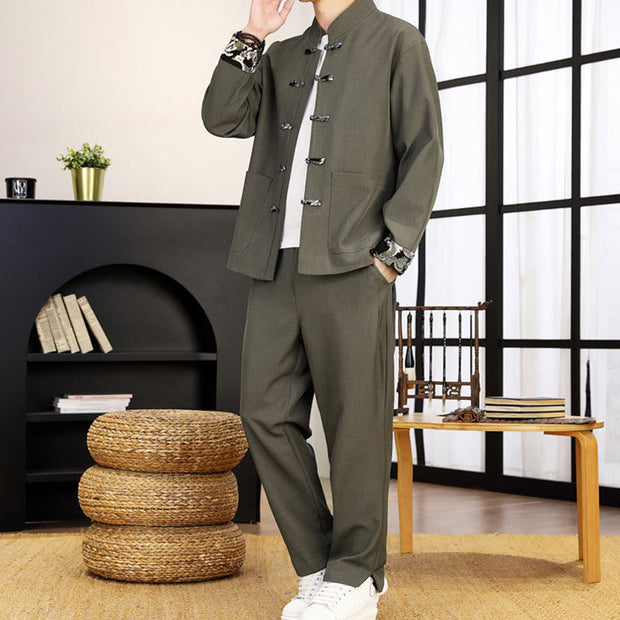 Buddha Stones 2Pcs Tang Suit Frog-Button Men's Waves Long Sleeve Shirt Pants Clothing Set - image 9