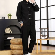 Buddha Stones 2Pcs Tang Suit Frog-Button Men's Waves Long Sleeve Shirt Pants Clothing Set - image 14