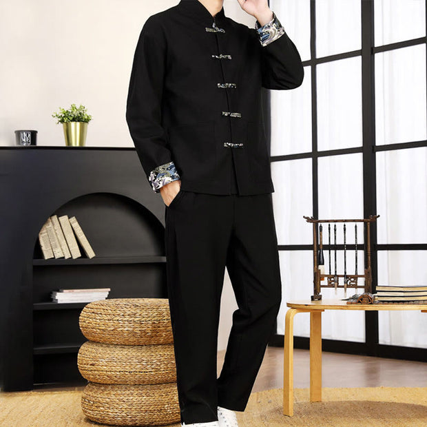 Buddha Stones 2Pcs Tang Suit Frog-Button Men's Waves Long Sleeve Shirt Pants Clothing Set - image 14