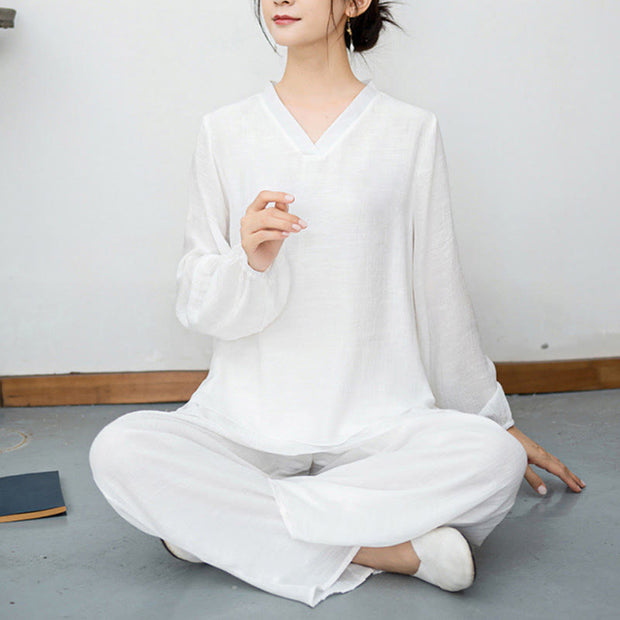 Buddha Stones 2Pcs White Long Sleeve V-Neck Shirt Wide Leg Pants Meditation Women's Set - image 9