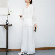 Buddha Stones 2Pcs White Long Sleeve V-Neck Shirt Wide Leg Pants Meditation Women's Set - image 6