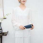 Buddha Stones 2Pcs White Long Sleeve V-Neck Shirt Wide Leg Pants Meditation Women's Set - image 7