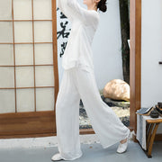 Buddha Stones 2Pcs White Long Sleeve V-Neck Shirt Wide Leg Pants Meditation Women's Set - image 3