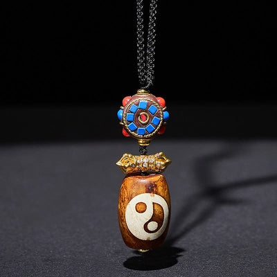 Buddha Stones Tibetan Yin Yang Bagua Design Nine-eye Dzi Agate Blessing Necklace Pendant - Agate - image 0
