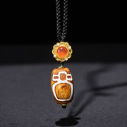 Buddha Stones Tibetan Agate Carved God of Wealth Nine-eye Dzi Bead Blessing Necklace Pendant - image 1