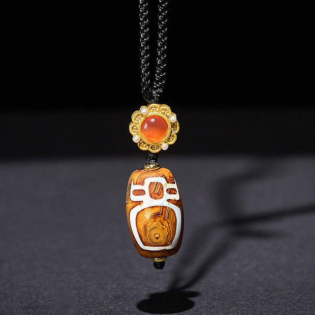 Buddha Stones Tibetan Agate Carved God of Wealth Nine-eye Dzi Bead Blessing Necklace Pendant - image 1