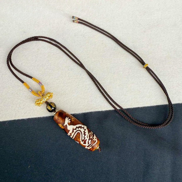 Buddha Stones Tibetan Agate Dragon Pattern Nine-eye Dzi Protection Necklace Pendant - image 3