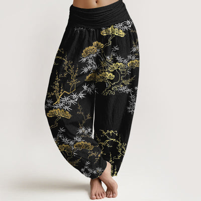 Buddha Stones Pure Cotton Pine Bamboo Plum Pattern Women's Elastic Waist Harem Pants - Black - US16，UK/AU20，EU48 (3XL) - image 0