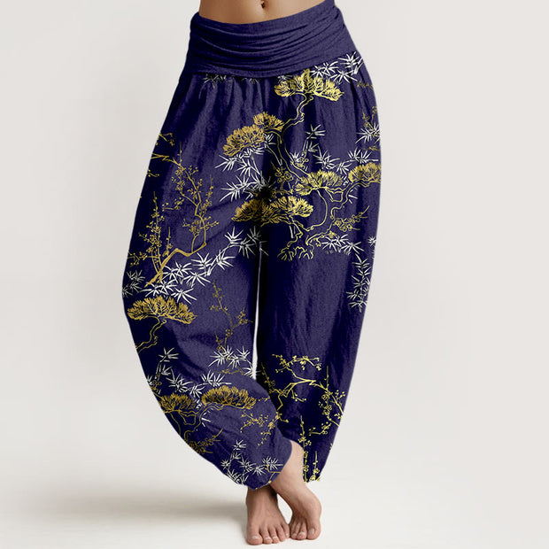 Buddha Stones Pure Cotton Pine Bamboo Plum Pattern Women's Elastic Waist Harem Pants - MidnightBlue - US16，UK/AU20，EU48 (3XL) - image 8