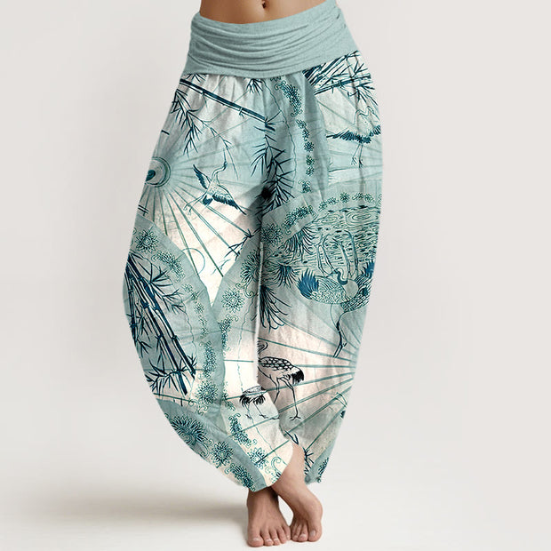 Buddha Stones Pure Cotton Umbrella Crane Bamboo Pattern Women's Elastic Waist Harem Pants - Turquoise - US16，UK/AU20，EU48 (3XL) - image 8