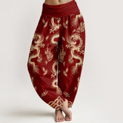 Buddha Stones Pure Cotton Dragon And Cloud Pattern Women's Elastic Waist Harem Pants - DarkRed - US16，UK/AU20，EU48 (3XL) - image 0