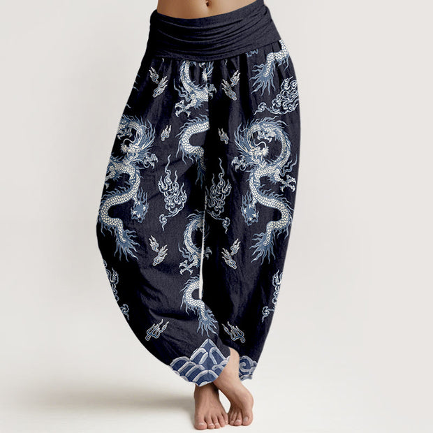 Buddha Stones Pure Cotton Dragon And Cloud Pattern Women's Elastic Waist Harem Pants - Navy - US16，UK/AU20，EU48 (3XL) - image 8