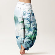 Buddha Stones Pure Cotton Bamboo Leaves Mountain Pattern Women's Elastic Waist Harem Pants - image 9