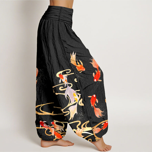 Buddha Stones Pure Cotton Koi Fish Koi Water Ripples Pattern Women's Elastic Waist Harem Pants - image 2