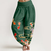 Buddha Stones Pure Cotton Koi Fish Koi Water Ripples Pattern Women's Elastic Waist Harem Pants - Green - US16，UK/AU20，EU48 (3XL) - image 8